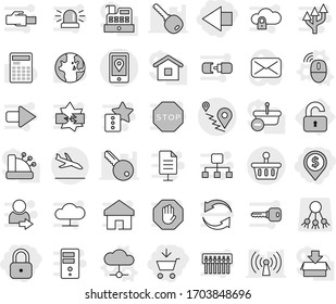 Editable thin line isolated vector icon set - add to cart, lock, dollar pin, left arrow, route, mobile location, basket, arrival, unlocked, cloud vector, wireless mouse, calculator, world, share