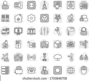 Editable thin line isolated vector icon set - equalizer, 3d, tower crane, smart house, train, power socket, intercome, toaster, pipes vector, laser, satellite antenna, server, touchscreen, wrench