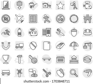 Editable thin line isolated vector icon set - wineglass, microbe vector, arch, cottage, houses, window, windmill, building helmet, loading, baggage get, surfer, hammer, cutting board, beans, acorn