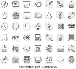 Editable thin line isolated vector icon set - gift, megafon, copybook, repair, key, scoop, stands for knives, satellite vector, computer, projector, measuring cup, handle scales, big fork, carrot