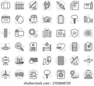 Editable thin line isolated vector icon set - pills blister vector, satellite, signpost, plane, traffic light, phone, sorting, big scales, cargo search, cinema clap, newspaper, tv, video camera, rca
