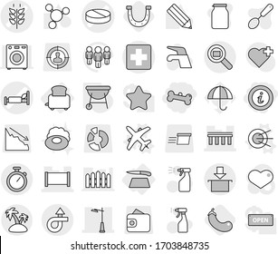 Editable thin line isolated vector icon set - bone, info, medical cross vector, pill, hospital bed, spikelets, bridge, fence, outdoor light, trip, package, cargo search, stopwatch, island, toaster