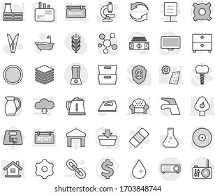 Editable thin line isolated vector icon set - water tap vector, clothespin, drop, iron, bath, kettle, jug, sieve, archive, flask, any currency, dollar sign, stadium, cereals, warehouse, weight, disk