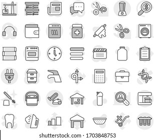 Editable thin line isolated vector icon set - water tap vector, steaming, cleaning agent, toilet brush, colander, rolling pin, jar, book, calculator, exam, wallet, case, money search, clock, route