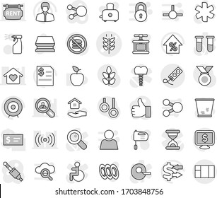 Editable thin line isolated vector icon set - spikelets vector, sponge, trash bin, sprayer, house hold, cook press, mixer, toaster, plates, apple fruit, exchange, percent growth, manager, target