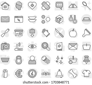 Editable thin line isolated vector icon set - shop, mail, info, bone vector, scalpel, drawbridge, pyramid, taxi, baggage get, jellyfish, 3d, colander, scraper, rubber glove, toilet paper, shining