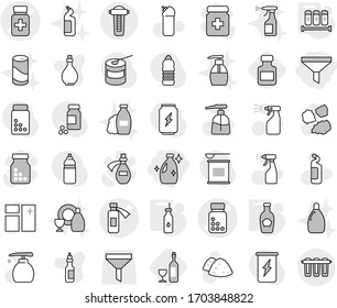 Editable thin line isolated vector icon set - funnel, cleanser, pills bottle vector, potion, vegetable oil, spices, ketchup, wine, window cleaning, liquid soap, sprayer, agent, garbage pile, shampoo