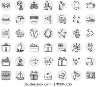 Editable thin line isolated vector icon set - gift, bow, hi quality package, plane, tourist, passenger, lounger, palm, hawaiian wreath, disco ball, aquapark, starfish, baggage trolley, hotel, golf