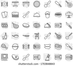Editable thin line isolated vector icon set - chicken leg, cafe, restaurant, table, Chair for babies, pan, skimmer, knife holder, chef, microwave oven, cooking book, plates, fork spoon plate, steake
