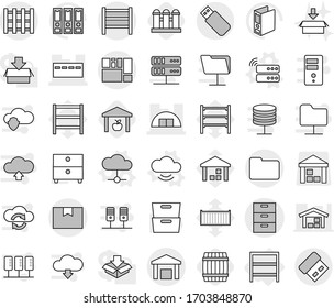 Editable thin line isolated vector icon set - archive vector, bunker, hangare, package box, consolidated cargo, documents, warehouse, rack, pallet, server, cloud, service, barrel, grain elevator