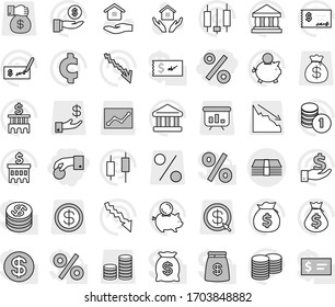 Editable thin line isolated vector icon set - hand coin, percent, money, house hold vector, bank, japanese candle, crisis, bag, piggy, investment, stack, check, building, cent sign, dollar, gift