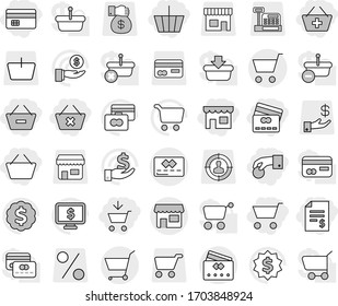 Editable thin line isolated vector icon set - cart, add to, basket, hand coin, credit card, account balance, remove from, delete, shop, vector, investment, dollar medal, monitor, target audience