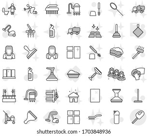 Editable thin line isolated vector icon set - washing, vacuum cleaner, rag, scraper vector, trolley, mop, car fetlock, window cleaning, toilet brush, agent, shining, woman, sweeper, clean floor