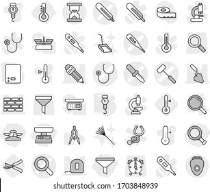 Editable thin line isolated vector icon set - market scales, magnifier, funnel, medical thermometer vector, pipette, stethoscope, doctors hammer, brick wall, pencil, measuring tape, construction