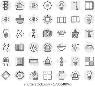 Editable thin line isolated vector icon set - window, outdoor light, traffic, alarm, taxi, sun, disco ball, camera, bulb, power switch, floor lamp, vector, led, ladle, laser, siren, shining, clean