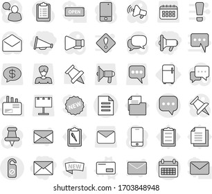 Editable thin line isolated vector icon set - megafon, loudspeaker, mail, sms, calendar, document, do not distrub, fridge, envelope vector, paper pin, clipboard, billboard, woman, message, money