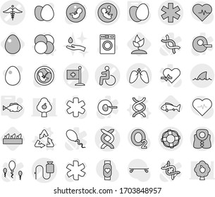 Editable thin line isolated vector icon set - ambulance star vector, disability, dna, pregnancy, dropper, lungs, medical flag, sign, life vest, lifebuoy, shark flipper, atom core, recycle, eggs, egg