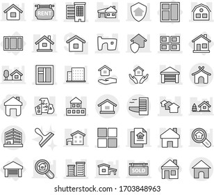 Editable thin line isolated vector icon set - home, cottage, houses, slum, garage, modern architecture, house with, panel, window, district, office, hotel, bungalow, hold vector, scraper, chalet