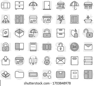 Editable thin line isolated vector icon set - unlock, shop, box, mail, window, door, package, documents, insurance, vector, book, copybook, archive, japanese candle, office, umbrella, share, 24 7