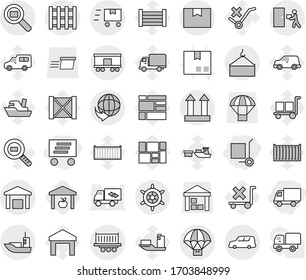 Editable thin line isolated vector icon set - delivery, cargo stoller, sea shipping, truck, car, loading crane, package box, top sign, courier, warehouse, search, railroad, pallet, parachute, port