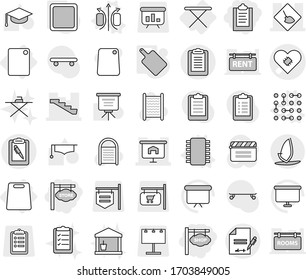 Editable thin line isolated vector icon set - clipboard, store signboard, shop, pacemaker vector, under construction, presentation, stairs, pen, inventory, windsurfing, iron board, cutting, chip
