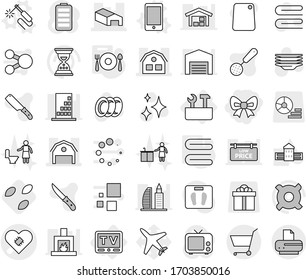 Editable thin line isolated vector icon set - bow, pacemaker vector, warehouse, barn, house, cart, tv, repair tools, welding, phone, towel, fork spoon plate, seeds, shining, plates, kitchen cleaning