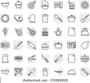 Editable thin line isolated vector icon set - cutting board, pan, cauldron, egg timer, skimmer, big spoon, chef knife, rolling pin, grill oven, gas, induction, blender, bbq, apron, vector, kettle