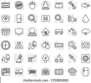 Editable thin line isolated vector icon set - market, magnifier, stadium, flammable, flippers, watch, ring button, welcome mat, welding vector, knife holder, turk, pretzel, rain cloud, cherry, udder