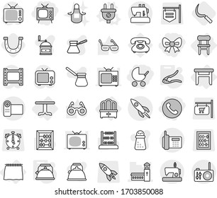 Editable thin line isolated vector icon set - bow, phone, tv, baby stroller, church, rocket, curtain, table, dresser, stool, chair, plug vector, kettle, walnut crack, sickle, horseshoe, apron, radio