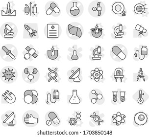 Editable thin line isolated vector icon set - pipette vector, pill, microscope, recipe, flask, kidneys, liver, virus, satellite, acid, atom, core, magnetic field, magnet, electric, led, rocket start