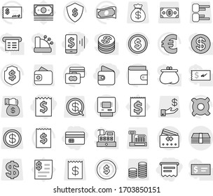 Editable thin line isolated vector icon set - credit card, receipt, mobile pay, wallet, atm, money, dollar coin vector, cash, check, shield, any currency, euro sign, stack, investment, bag, gift