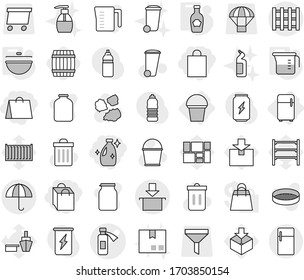 Editable thin line isolated vector icon set - shopping bag, cleanser, potion bottle vector, dry cargo, package, pallet, fridge, bucket, cauldron, measuring cup, ketchup, barrel, trash bin, toilet