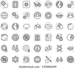 Editable thin line isolated vector icon set - percent, info, donut, pill vector, pacemaker, globe, electricity, ring button, washing, gear, gears, dna, edit, reload, foam basin, toilet brush, world