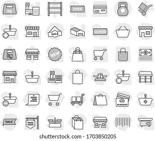 Editable thin line isolated vector icon set - cart, basket, credit card, shop, store, scales, shopping list, bag, sale, bar code, mall, warehouse, heavy, office vector, cargo, weight, shelving, new