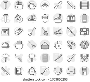 Editable thin line isolated vector icon set - dollar coin, nail, scalpel vector, construction, loading crane, customs control, rack, vip fence, water tap, toaster, hammer, robot, walnut crack, ladle