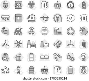 Editable thin line isolated vector icon set - factory, barrel, bulb, remote control, radiator, kettle, magnet vector, electric, led, on off button, plug, windmill, battery, solar power, plow, gears
