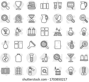 Editable thin line isolated vector icon set - wineglass, test vial vector, potion bottle, arch window, cargo top sign, chemical, broken, bulb, mirror, magnifier, jug, wine, scraper, cleaning, oil