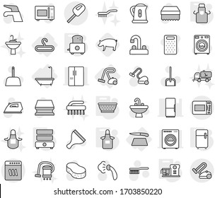 Editable thin line isolated vector icon set - bath, hanger, cutting board, vacuum cleaner, colander, apron, toaster, double boiler, fridge, food processor, pig, scraper vector, water tap, fetlock