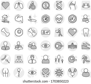 Editable thin line isolated vector icon set - heart, eye vector, dna, artificial insemination, broken bone, hospital, skull, sperm, kidneys, lungs, virus, health care, client, check in, invalid