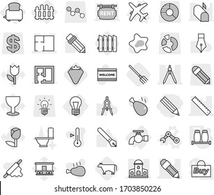 Editable thin line isolated vector icon set - pencil, mansion, ruler, drawing compasses, plan, bulb, water tap, fence, toaster, plane vector, robot hand, salt pepper, cow, berry, fork, splotch, pen