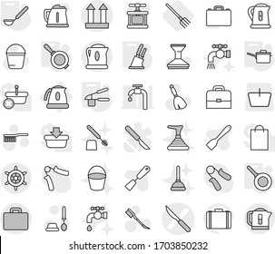 Editable thin line isolated vector icon set - scalpel vector, cargo top sign, suitcase, handwheel, kettle, saute pan, garlic clasp, ladle, knife holder, fork, broom, fetlock, bucket, car, water tap