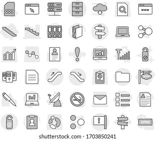 Editable thin line isolated vector icon set - shop signboard, list, archive vector, stairs, important flag, documents, escalator, signpost, do not distrub, satellite antenna, sim card, signal, pen