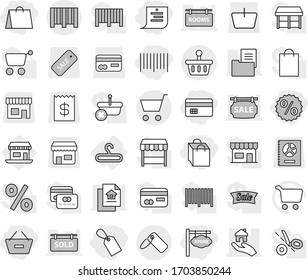 Editable thin line isolated vector icon set - credit card, remove from basket, shopping list, bag, label, percent, bar code, store signboard, real estate, cart, hanger, vector, office, shop, receipt