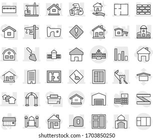 Editable thin line isolated vector icon set - home, hospital vector, greate wall, under construction, mansion, skyscraper, bunker, minaret, houses, slum, modern architecture, window, brick, plan