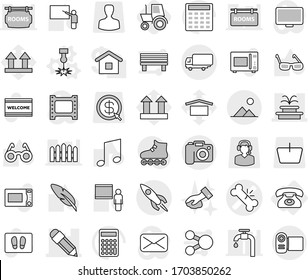 Editable thin line isolated vector icon set - broken bone vector, pencil, fountain, shipping, rocket, camera, landscape, phone, laser, tractor, welcome mat, wiping, microwave oven, pen, blackboard