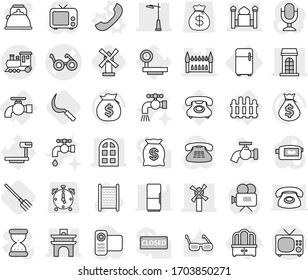 Editable thin line isolated vector icon set - pacemaker vector, arch, building, minaret, windmill, gothic architecture, window, outdoor light, train, water tap, dresser, fridge, fence, phone, fork