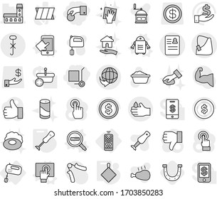 Conjunto de iconos vectoriales aislados de línea delgada editable - moneda de mano, stoller de carga, vector de anamnesis, roto, mansión, entrega, no gancho, ácido, control remoto, mezclador, pantalla táctil, búsqueda de datos, robot