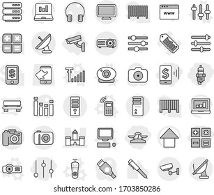 Editable thin line isolated vector icon set - mobile pay, scales, equalizer, calculator, spark plug, castle, camera, surveillance, phone vector, remote control, computer, web, setup, projector, pen