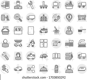 Editable thin line isolated vector icon set - dollar pin, tools, ambulance car vector, helicopter, gas station, support manager, shipping, courier delivery, hotel, baggage trolley, reception, wrench