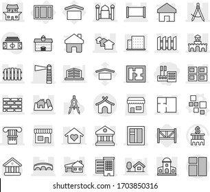 Editable thin line isolated vector icon set - store, column, draw compass, project, houses, library, mansion, lighthouse, fence, minaret, house with garage, panel, window, brick wall, japanese, fort